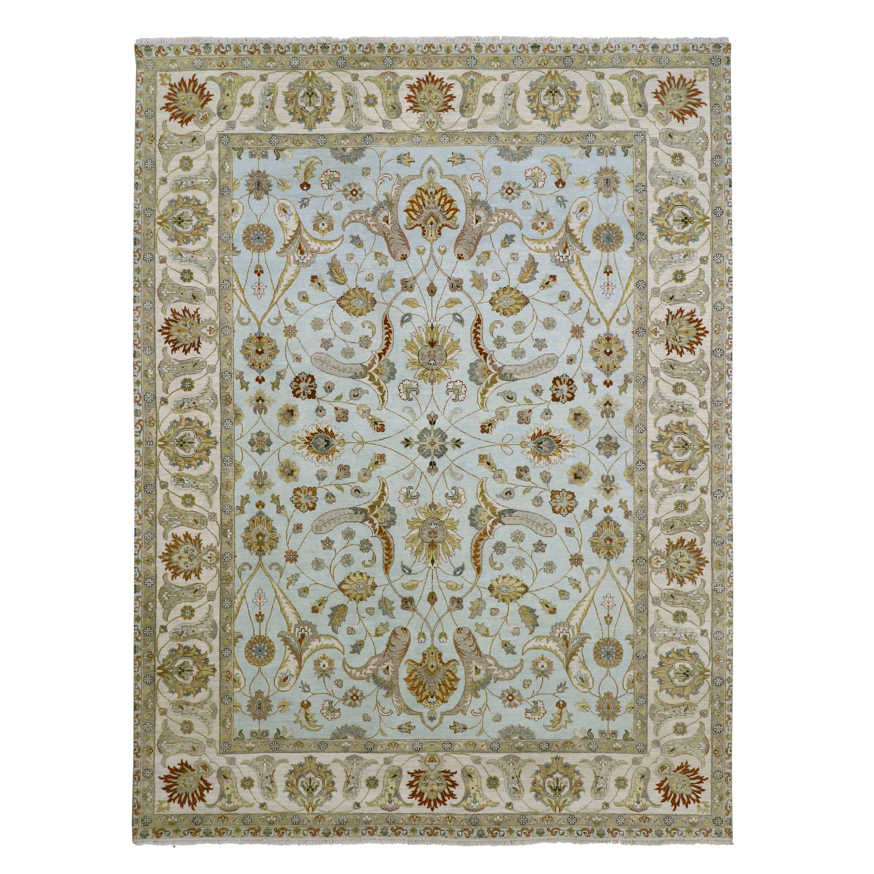 Powder Blue, Pure Wool, Agra with Ziegler Design, Floral Motifs, Hand Knotted, Vegetable Dyes, Oriental Rug